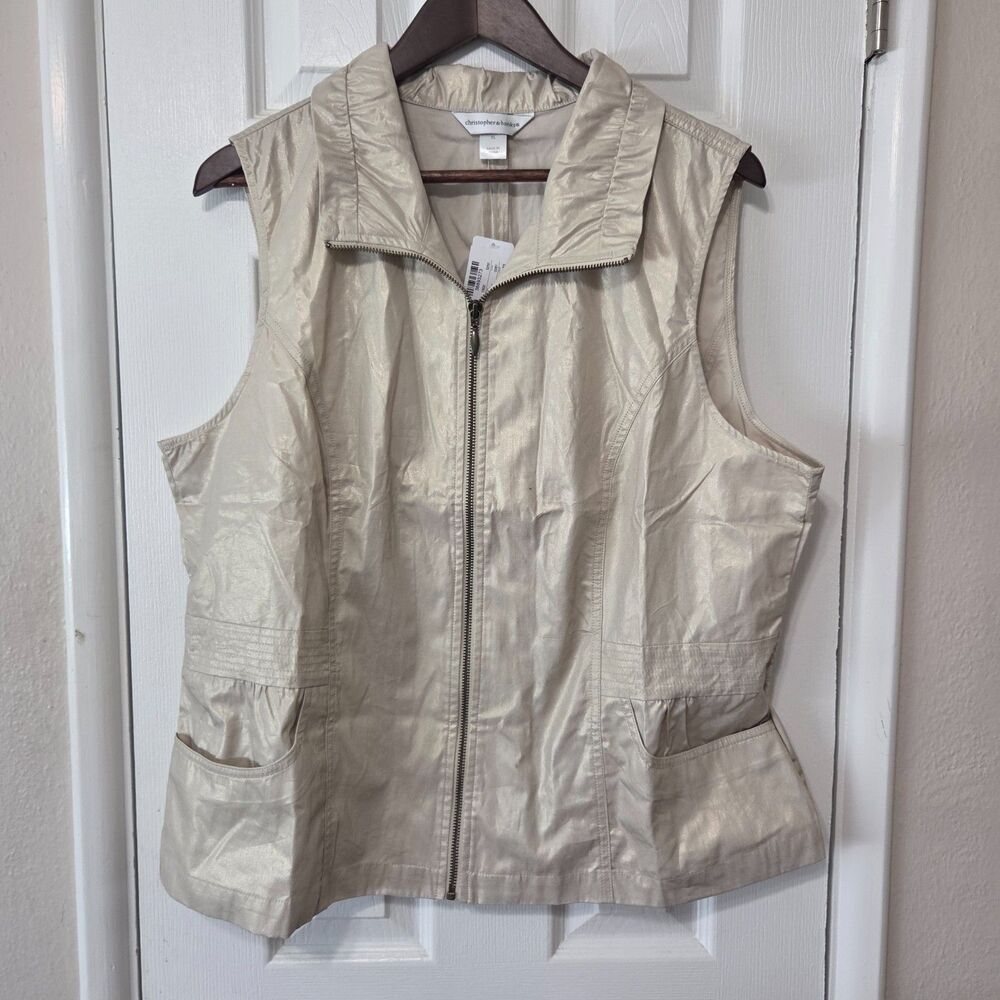 NWT Christopher & Banks Gold Metallic Vest XL Cotton Zip Front Pockets